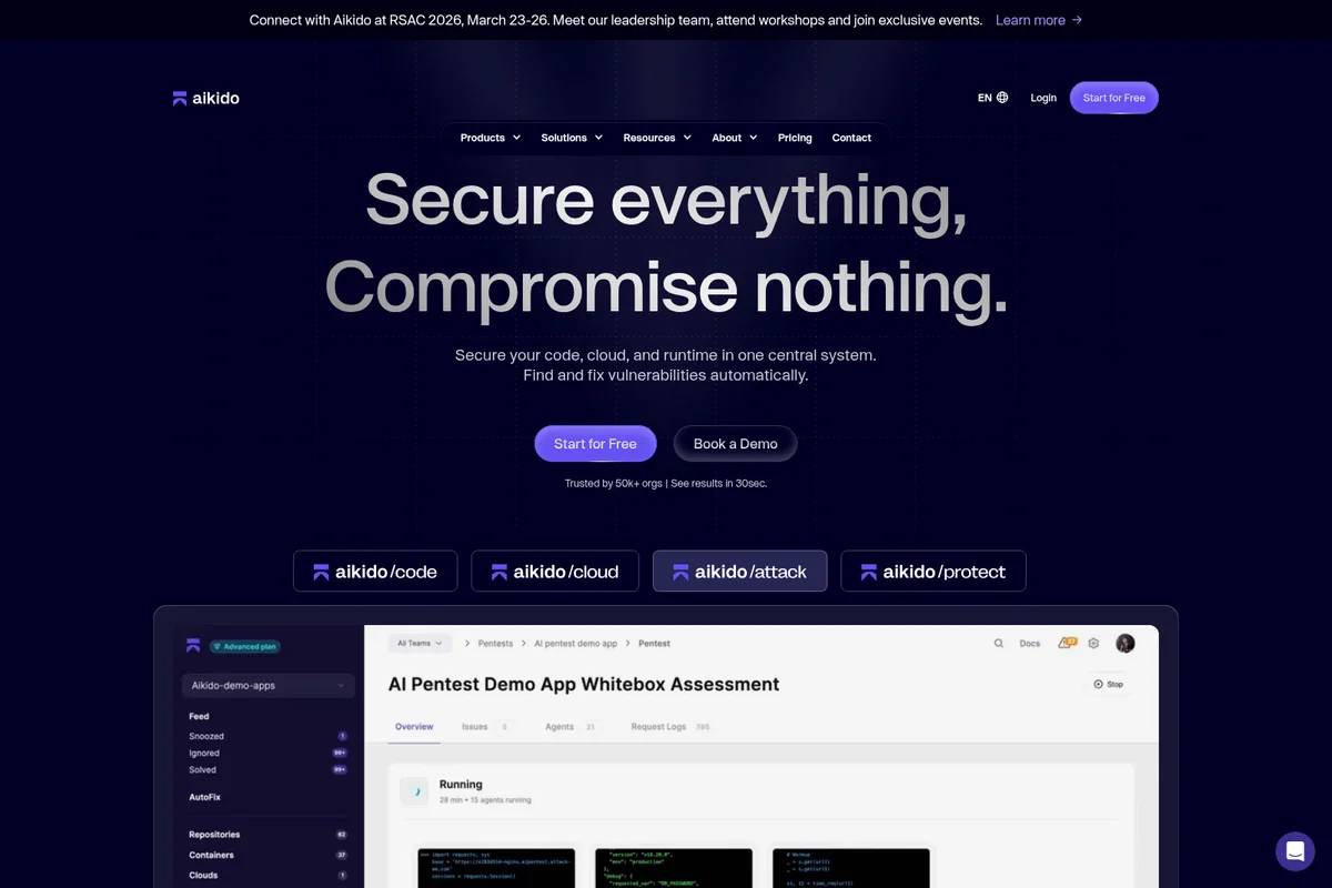 Aikido Security homepage showing an AI Pentest Demo App Whitebox Assessment dashboard in a dark-mode interface.