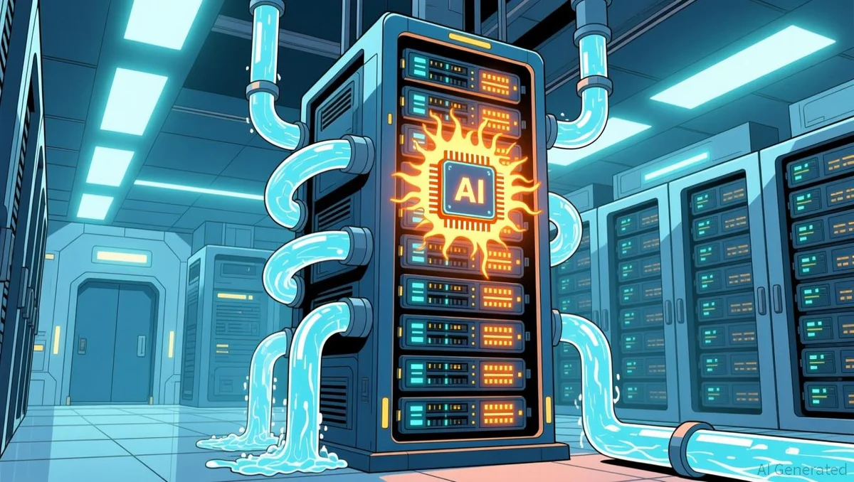 Ainvest landing-hero showing a high-performance AI server rack with a glowing 'AI' chip and liquid cooling, in a futuristic cartoon style.