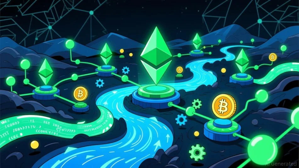 ainvest conceptual network illustration showing connected crypto assets (Ethereum, Bitcoin) in a futuristic digital landscape.