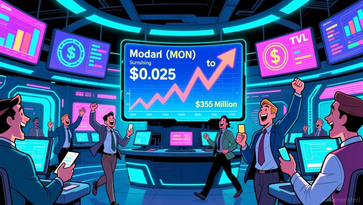 ainvest output sample showing 'Modarl (MON)' investment surging on a large dashboard screen within a futuristic, dark-themed control room interface.