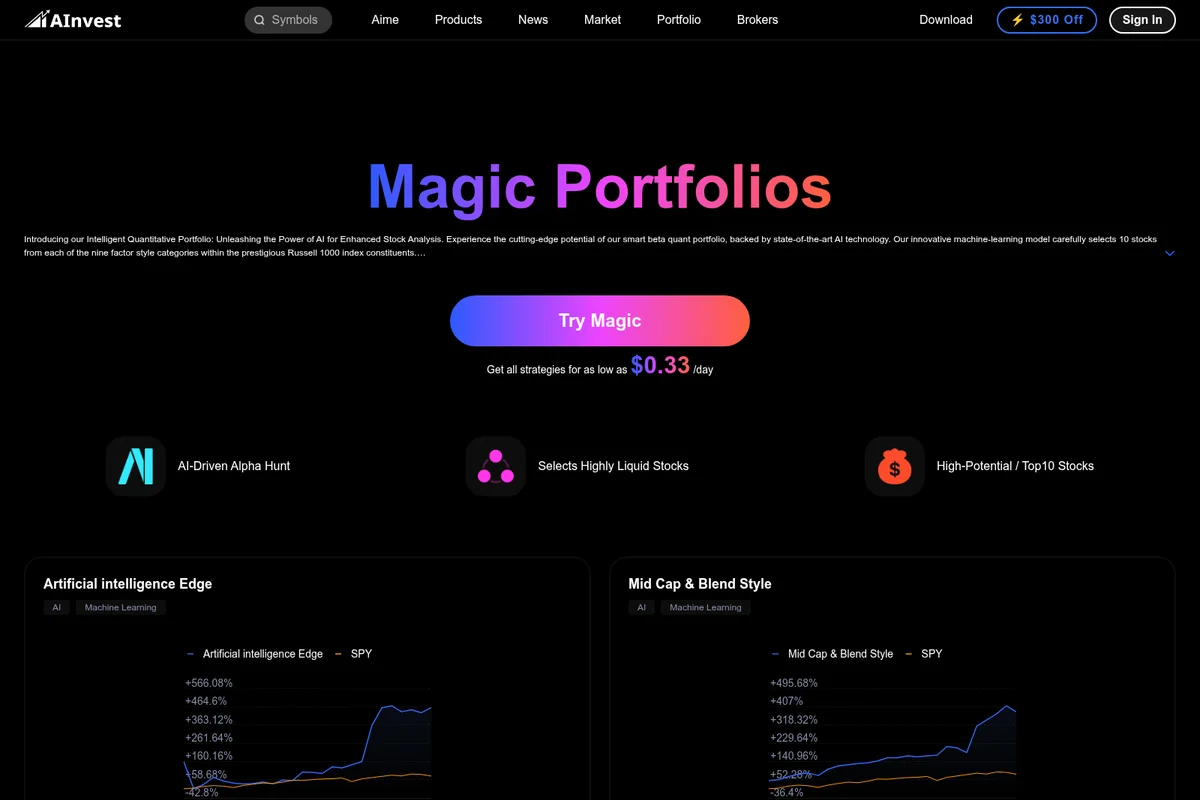 AInvest Magic Portfolios feature showing AI-driven investment strategies and performance charts within a dark-mode interface.