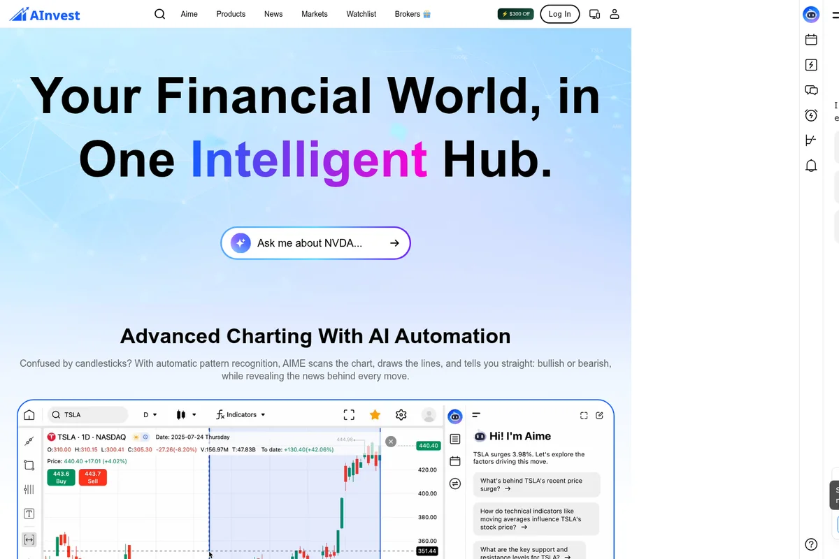 Ainvest homepage showcasing AI-powered financial charting and an intelligent assistant in a modern light theme.