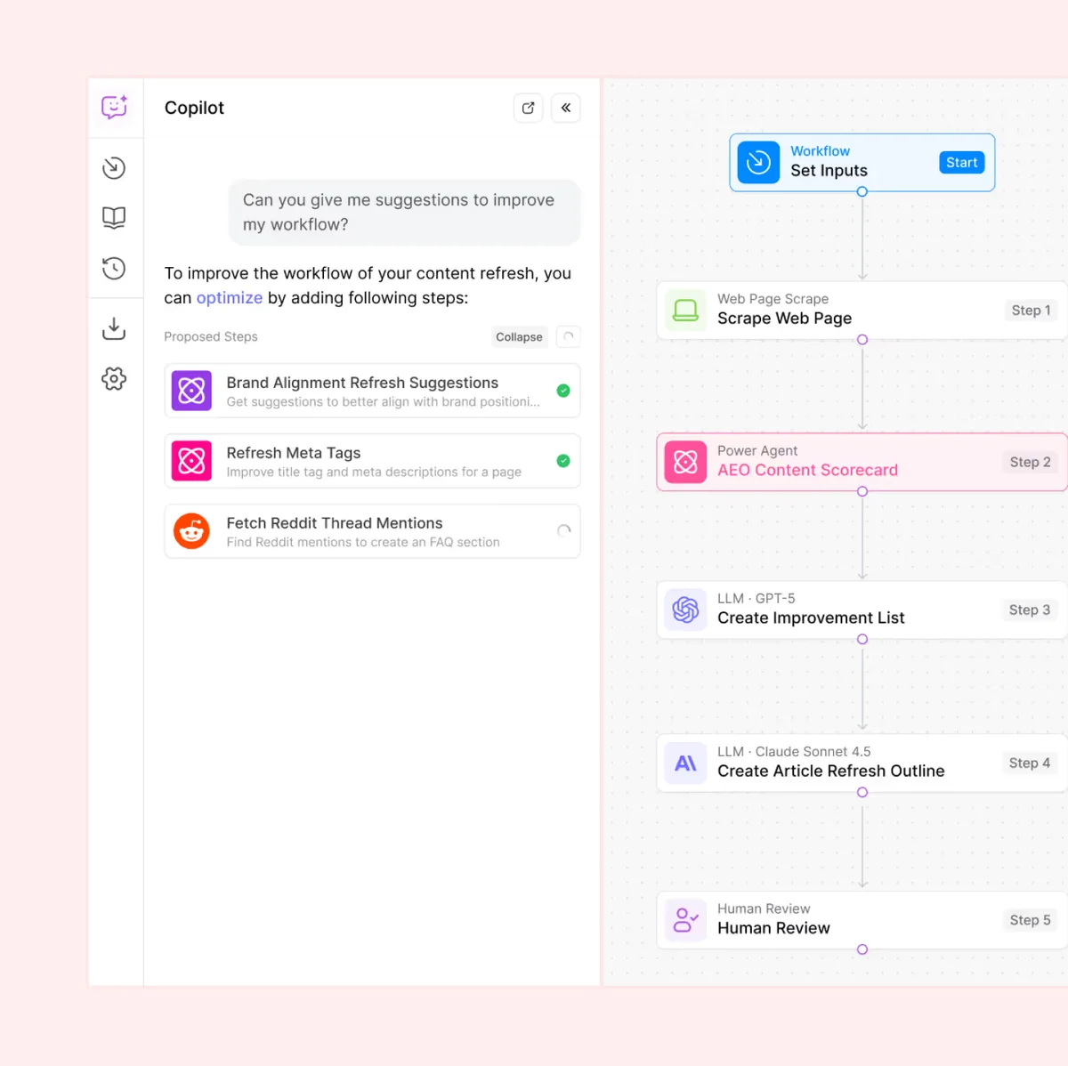 airops workspace UI showing AI-powered workflow suggestions in a chat panel and a visual workflow editor with interconnected steps.