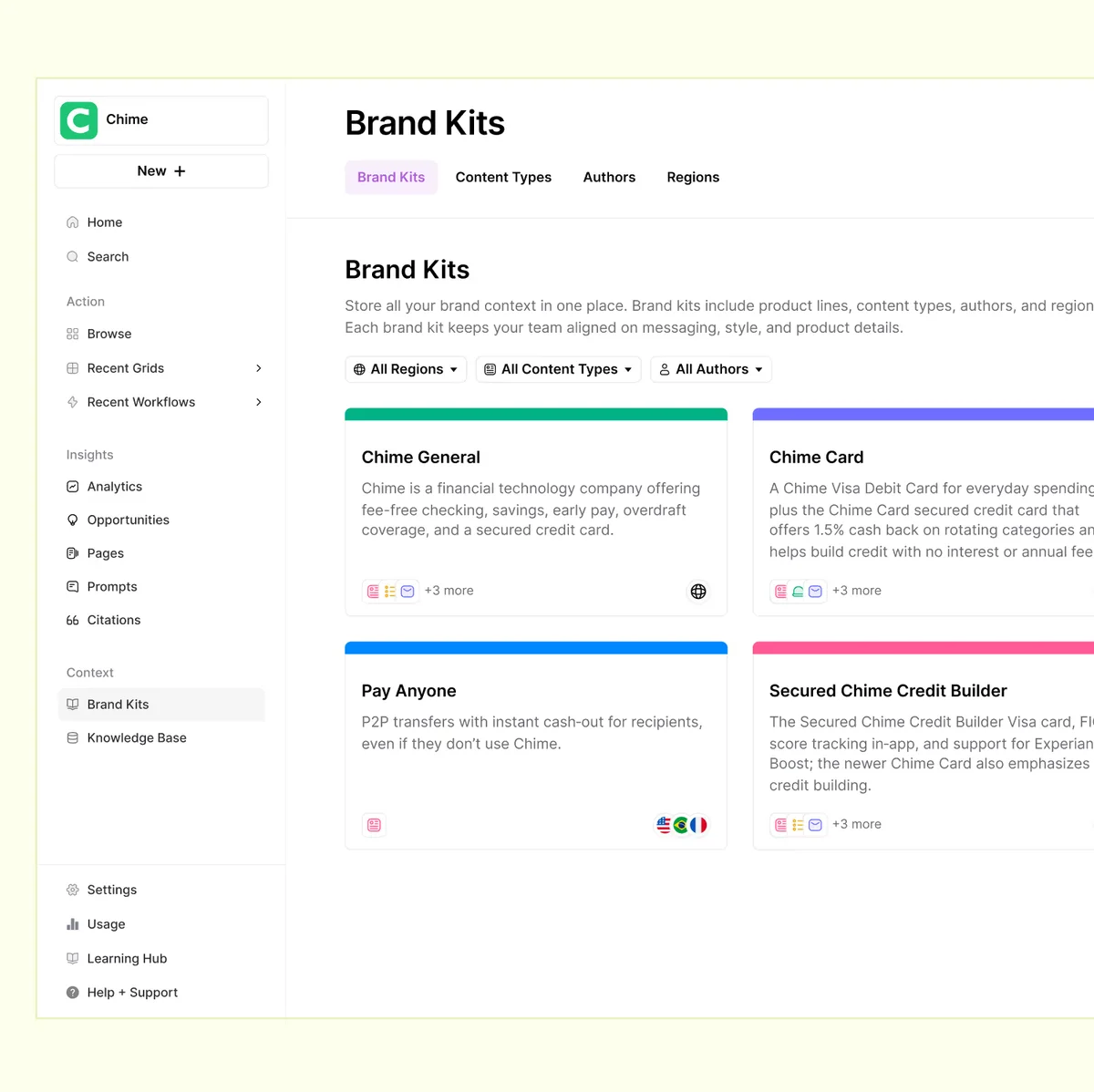 Airops Brand Kits workspace showing a list of Chime brand kit entries with category filters and a clean, modern interface.