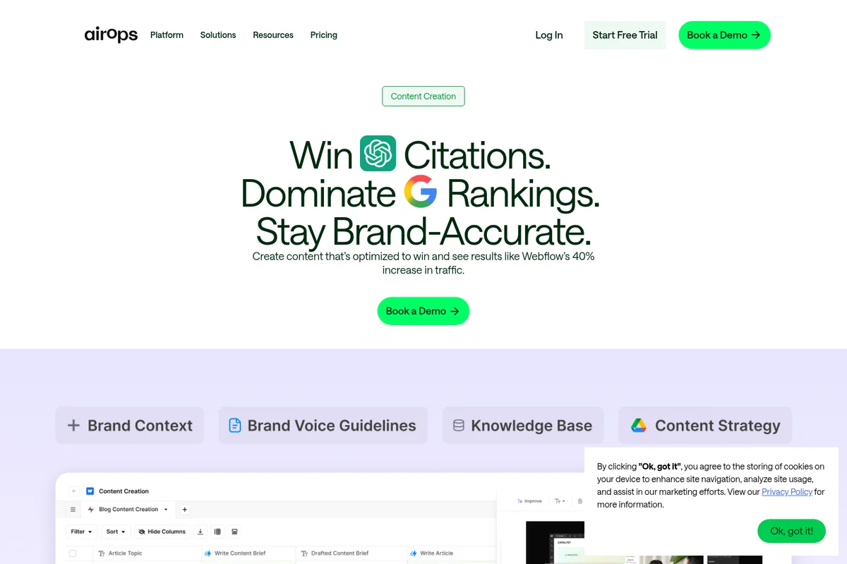Airops landing page showcasing AI-powered content creation for SEO and brand accuracy with a clean, modern interface.