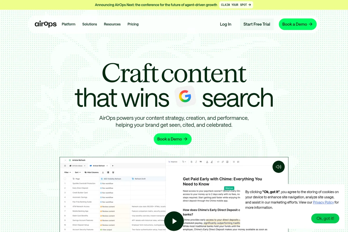 AirOps homepage showcasing content creation workflows and SEO-optimized content editing in a clean, modern interface.