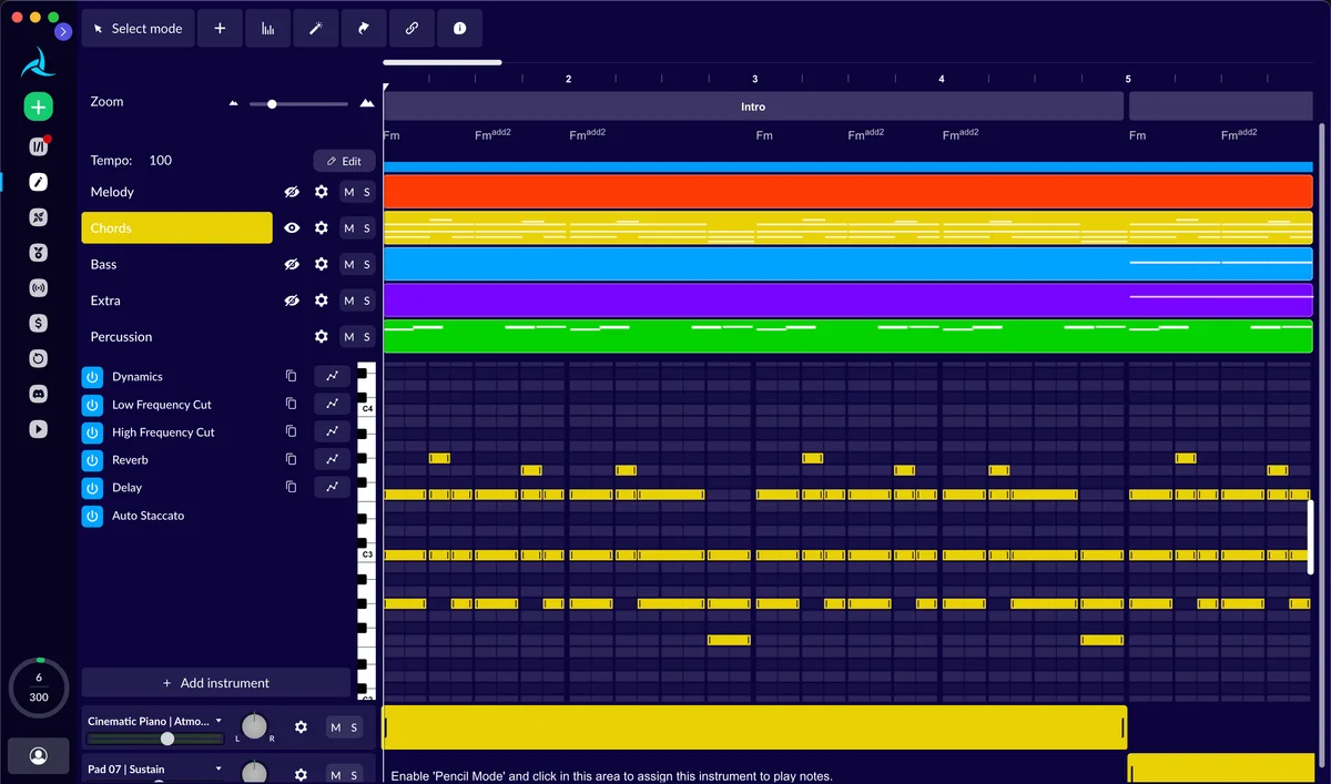 Aiva music composition workspace showing the piano roll editor with colored tracks and instrument controls in a dark-mode interface.