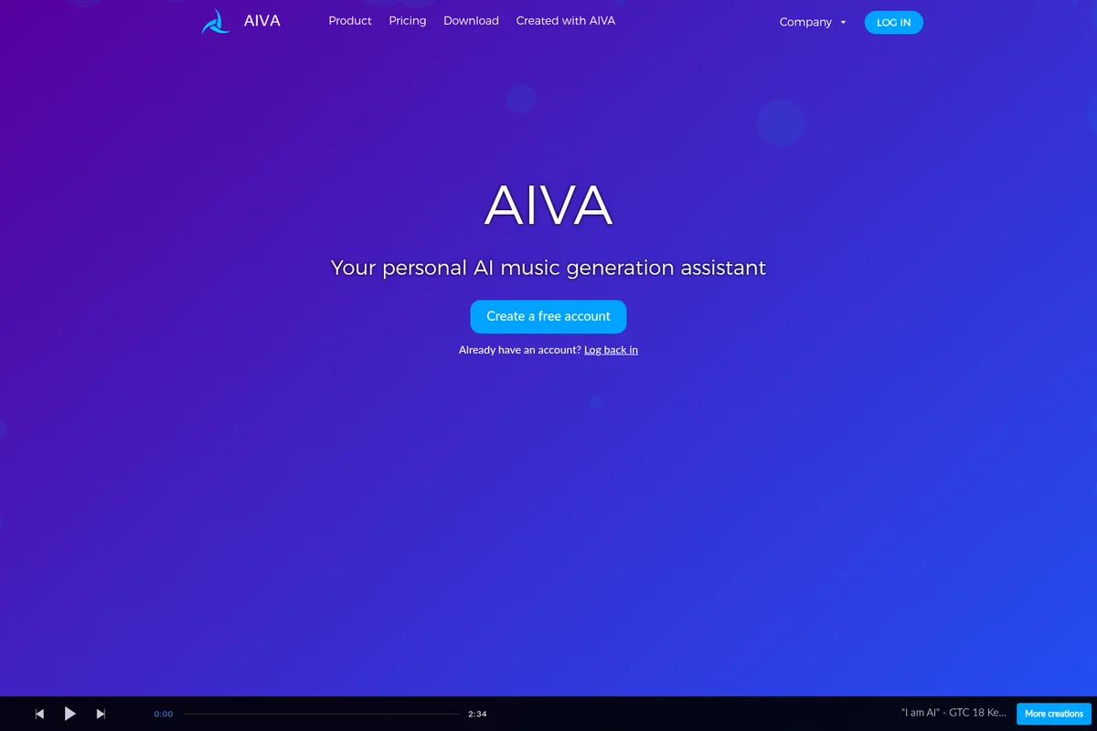 AIVA homepage featuring the title and tagline 'Your personal AI music generation assistant' on a gradient blue and purple background.