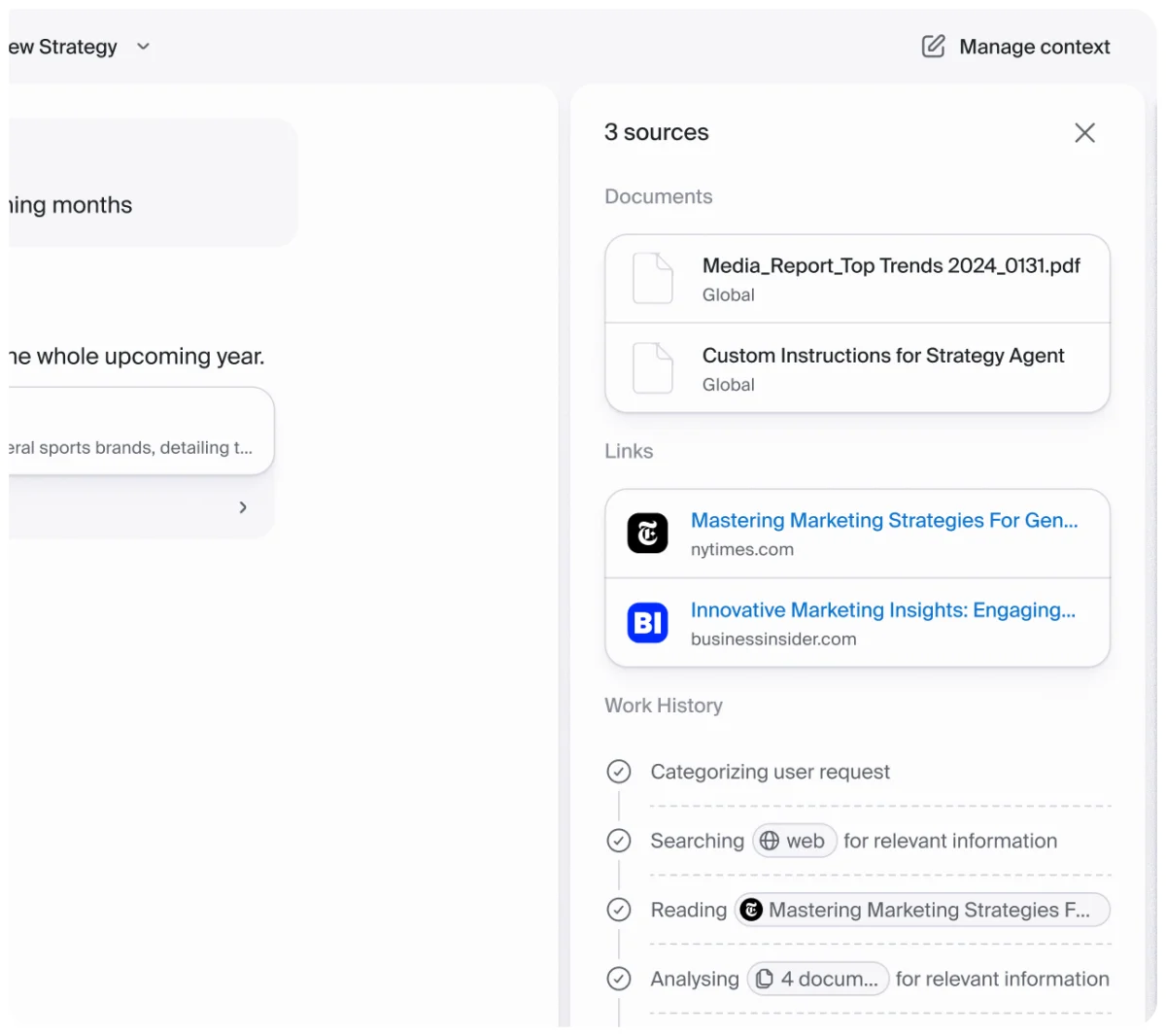 Akkio workspace showing an AI strategy agent's research sources and detailed work history with a clean, light-themed interface.