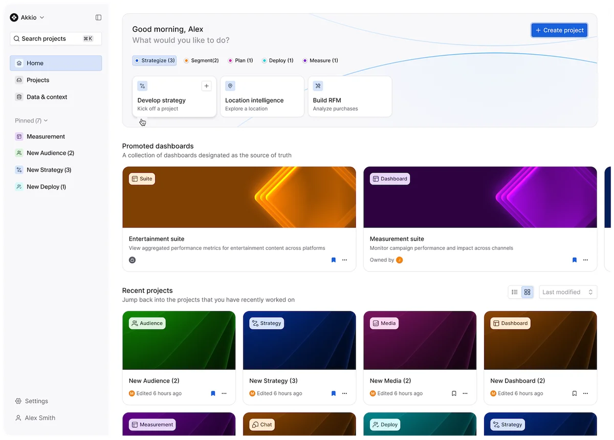 Akkio workspace UI showing the homepage with project creation, promoted dashboards, and recent projects in a clean, modern interface.