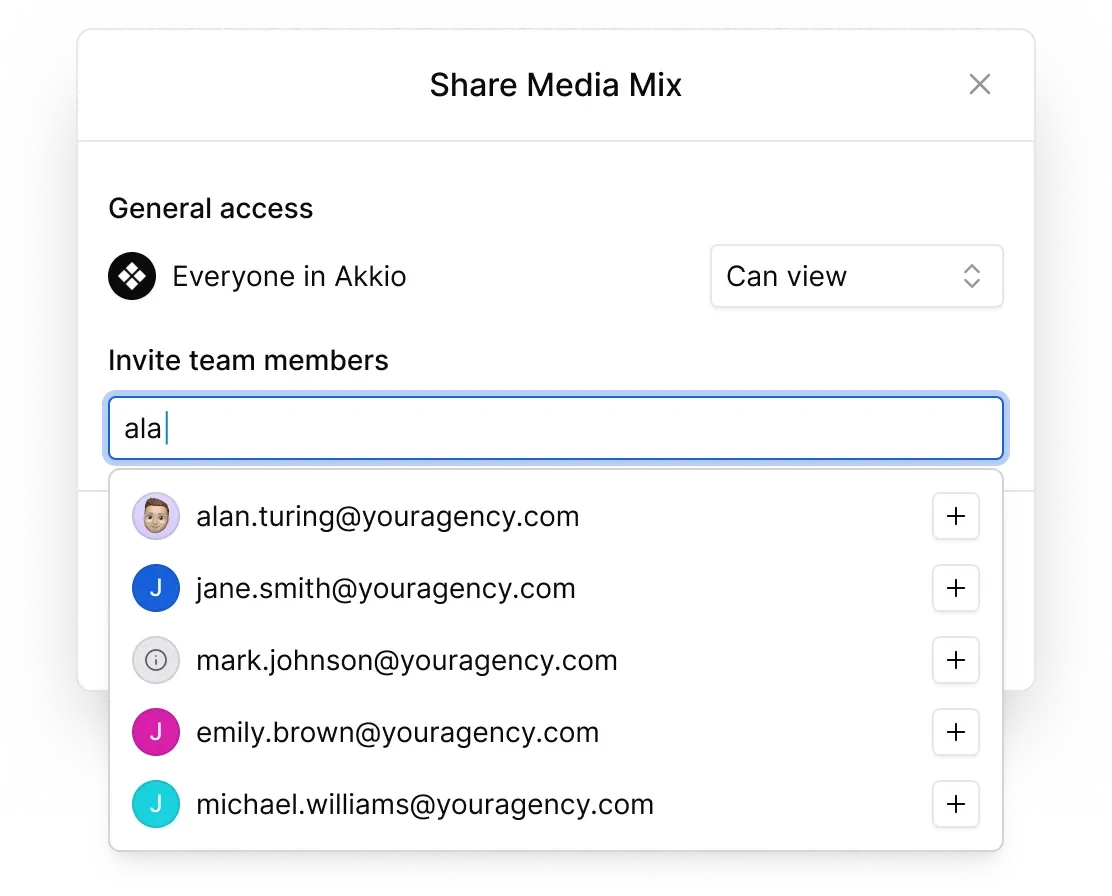 Akkio workspace share modal showing a user typing 'ala' to invite team members with contact suggestions in a clean, light interface.