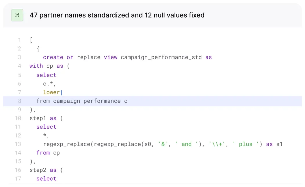 Akkio SQL workspace showing data standardization and null value fixing with regexp_replace in a clean code editor interface.