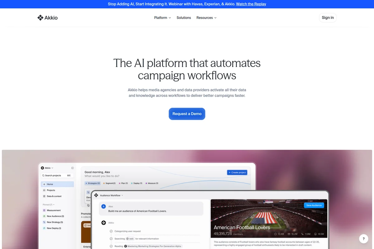 Akkio workspace UI demonstrating AI-powered campaign workflow automation and audience building with a modern interface.