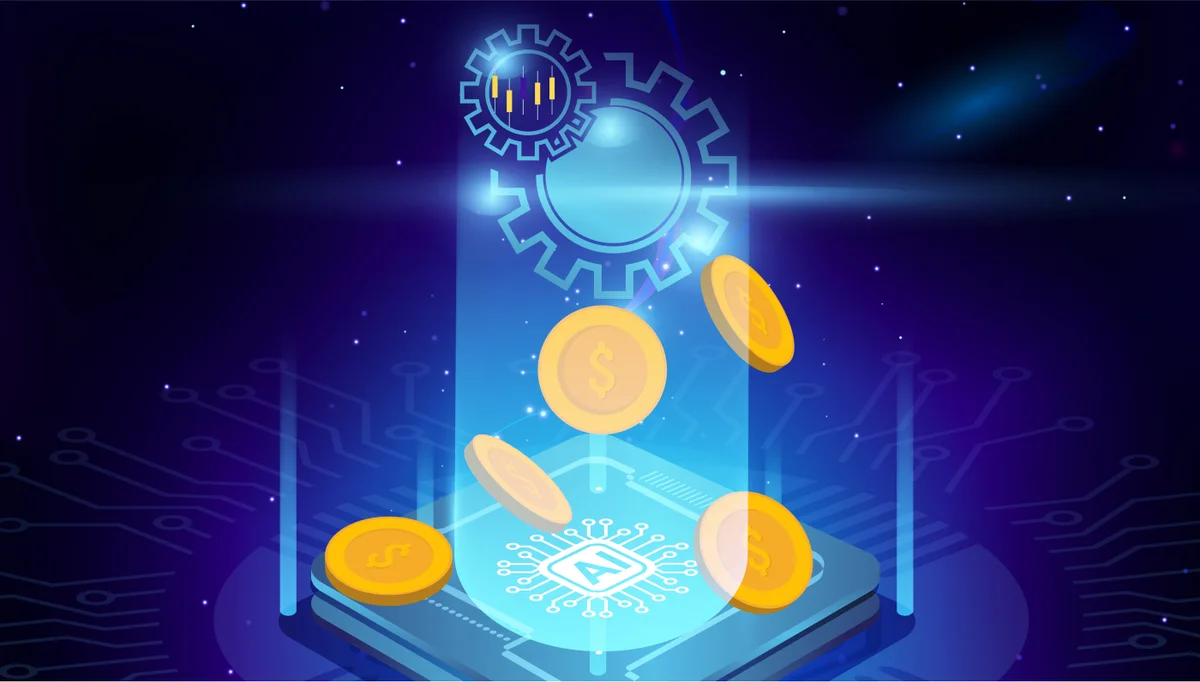 Algosone conceptual graphic showing an AI chip generating dollar coins with financial gears, representing AI-driven algorithmic trading.