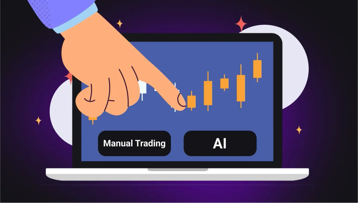 Algosone trading platform concept showing a hand interacting with a candlestick chart and options for manual trading or AI-driven automation in a dark-themed, modern illustration.