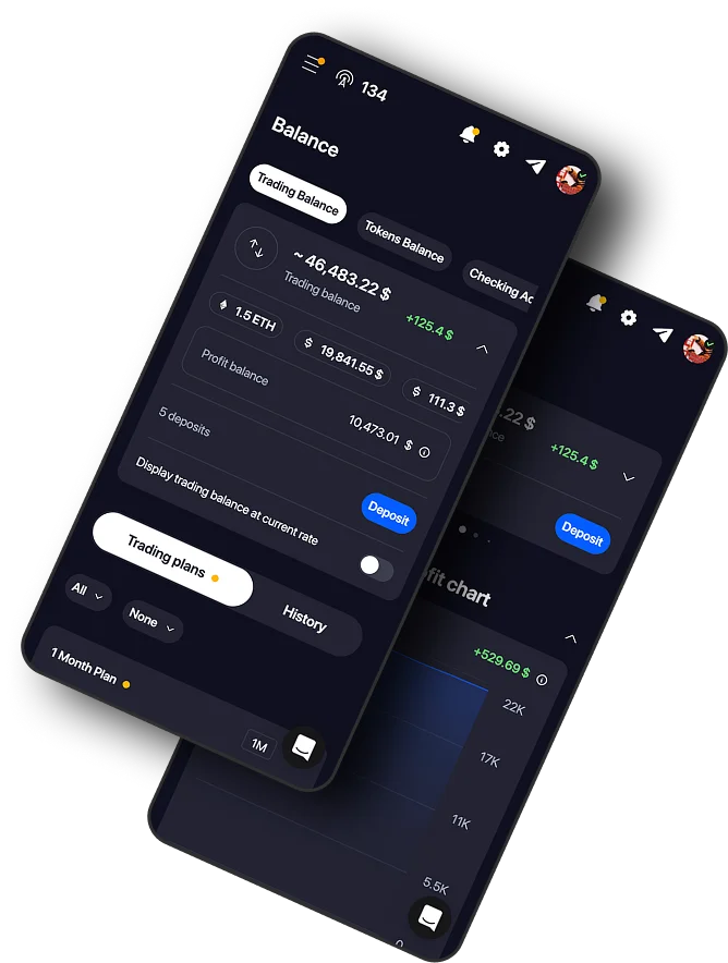 Algosone mobile trading dashboard displaying cryptocurrency balances, profit charts, and trading plans with a dark-mode sleek interface.