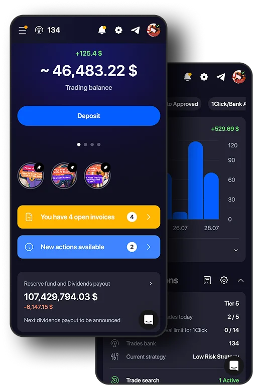 algosone trading dashboard showing current balance, open invoices, and dividend payout in a dark-mode sleek aesthetic.