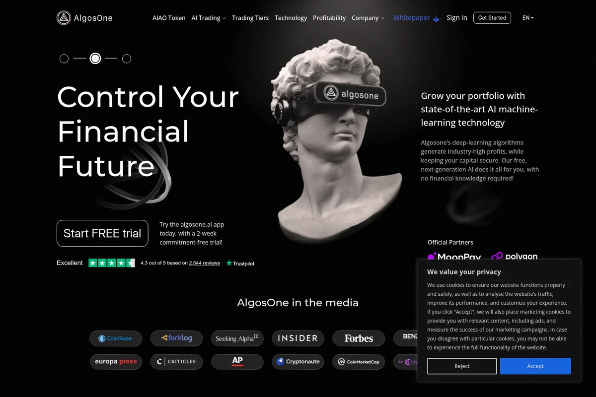AlgosOne landing page showing a digital statue wearing a VR headset, promoting AI trading solutions with a dark-themed interface.