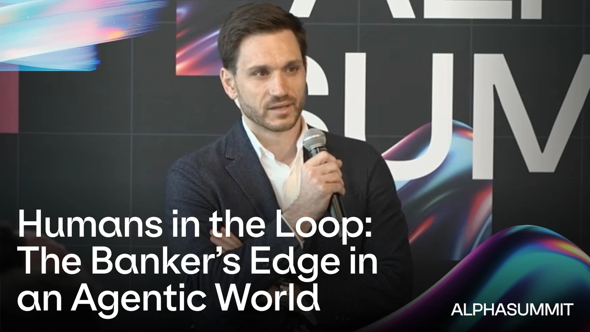 Alphasense ALPHASUMMIT event photo featuring a speaker presenting 'Humans in the Loop: The Banker's Edge in an Agentic World' with abstract background visuals
