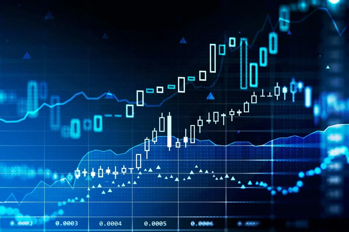 Alphasense financial market data visualization showing candlestick charts and multiple indicator lines on a dark-mode interface.