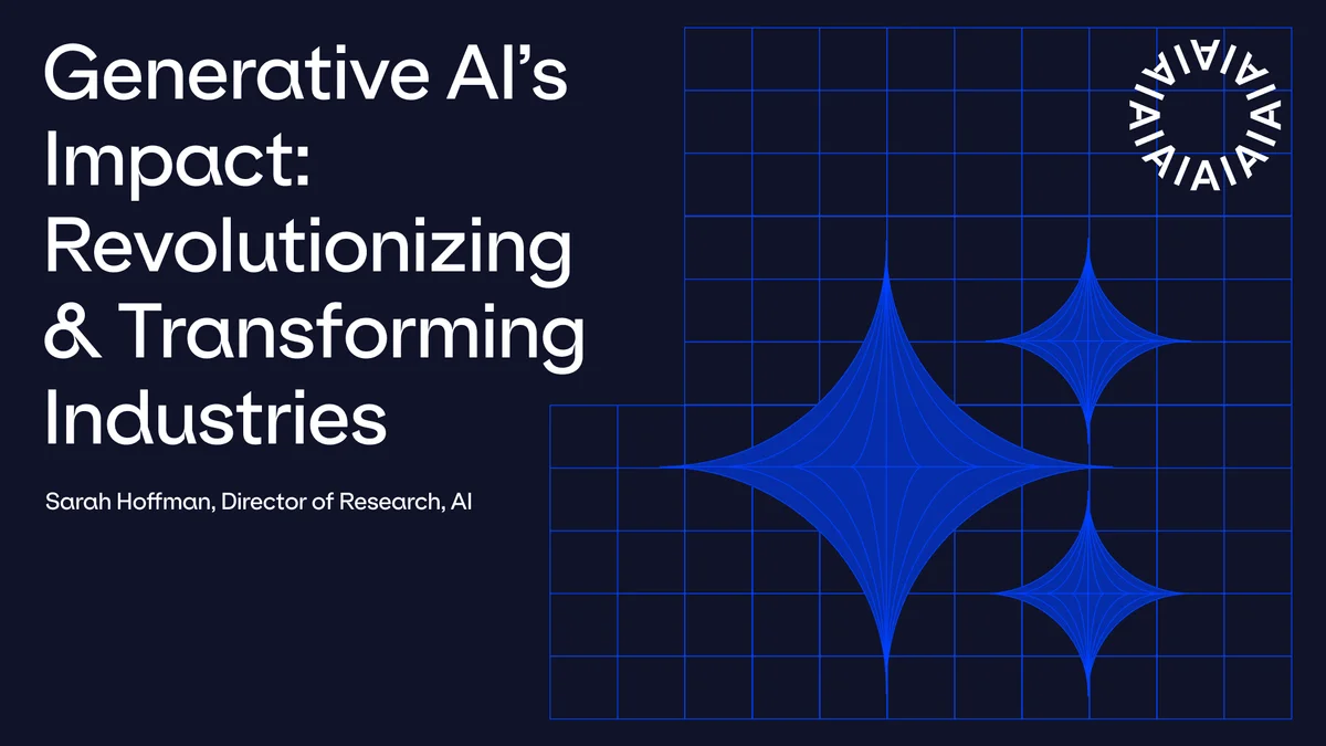 Alphasense presentation slide for a talk on 'Generative AI's Impact' by Sarah Hoffman, featuring a dark blue geometric grid design.