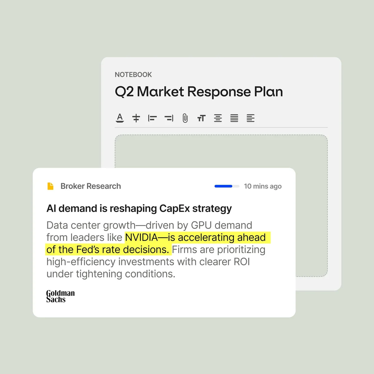 Alphasense workspace showing Goldman Sachs broker research about AI demand and a Q2 market response plan notebook.