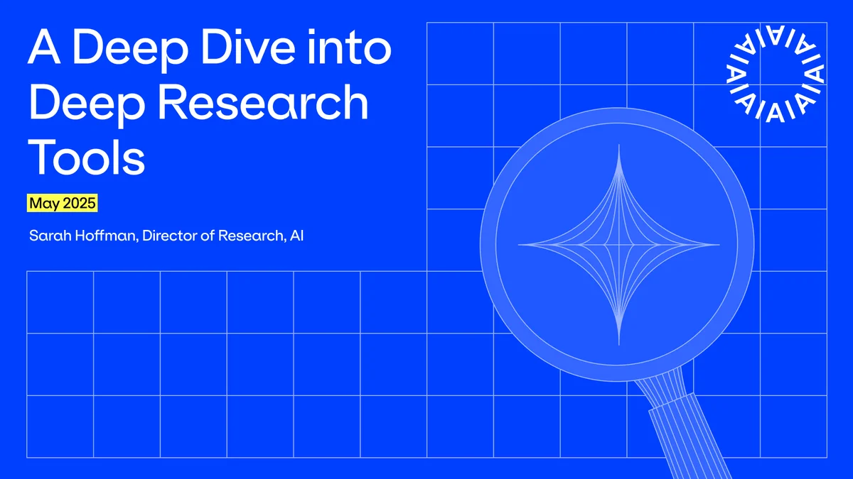 Alphasense presentation slide showing 'A Deep Dive into Deep Research Tools' with a thematic magnifying glass graphic and blue background.