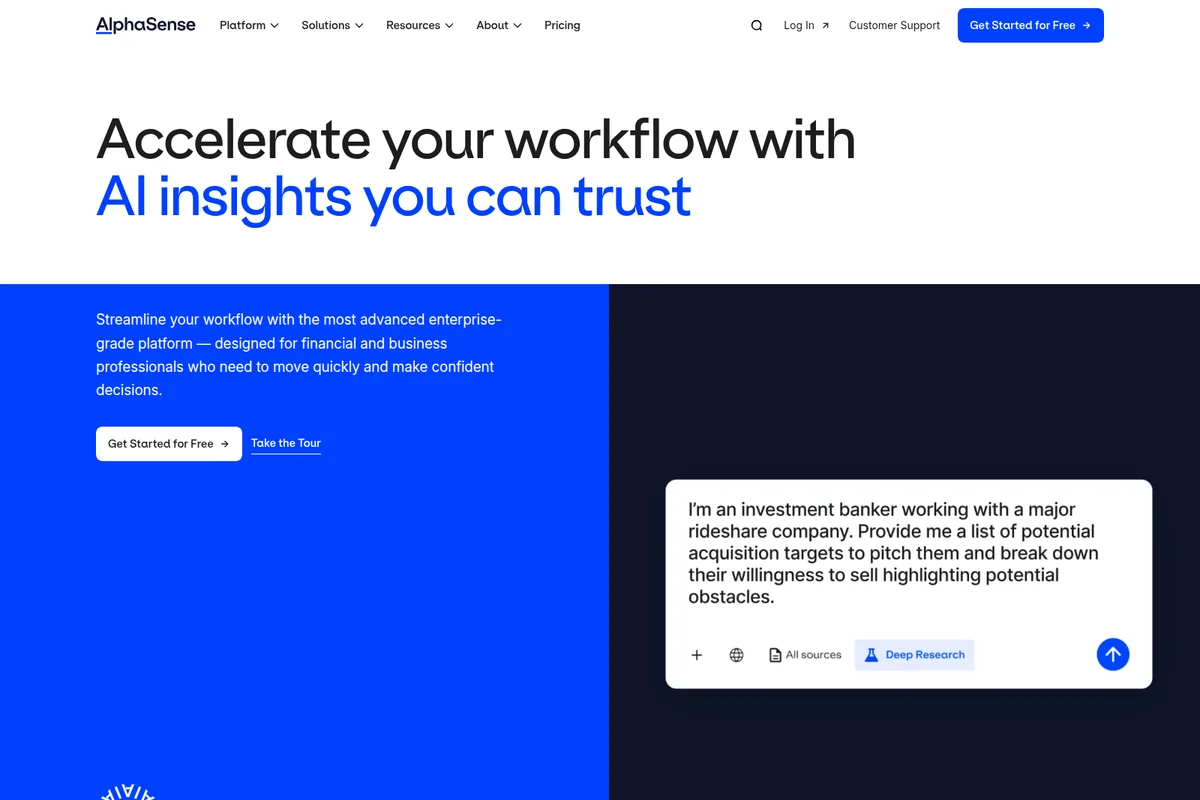 AlphaSense homepage hero demonstrating AI insights with a user prompt about acquisition targets in a modern, blue and dark interface.