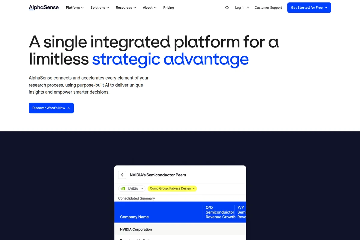 AlphaSense workspace showing semiconductor peer analysis with NVIDIA data and Fabless Design group selected, presented with a clean interface.