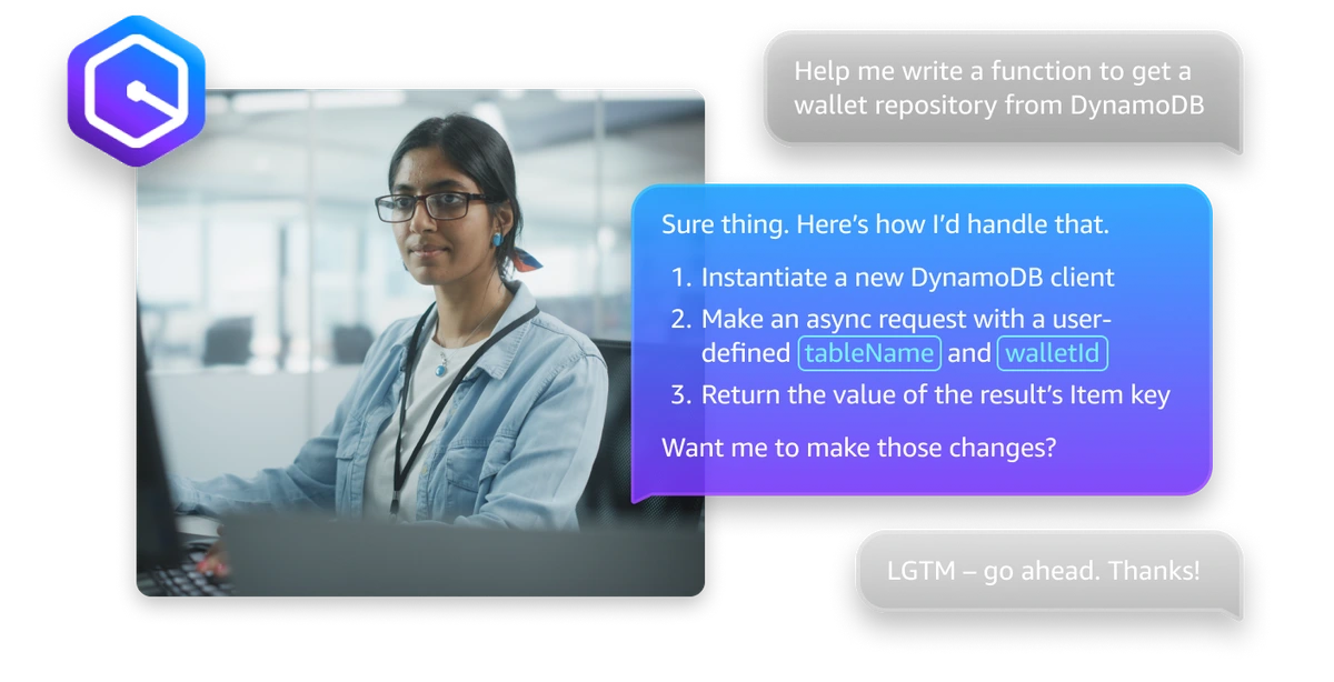 Amazon Q Developer workspace showing an AI assistant providing code steps for a DynamoDB function with a modern chat interface.