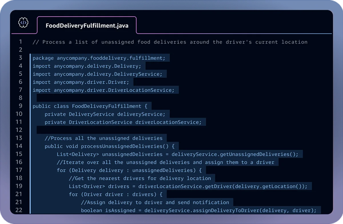 Amazon Q Developer code editor showing Java for food delivery fulfillment with a dark-mode interface.
