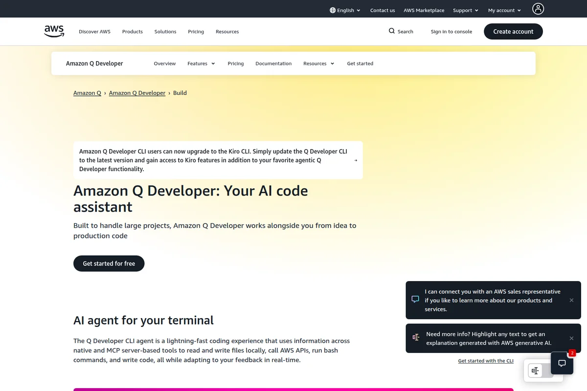 Amazon Q Developer build page showcasing AI code assistant and terminal agent features with a clean AWS interface.