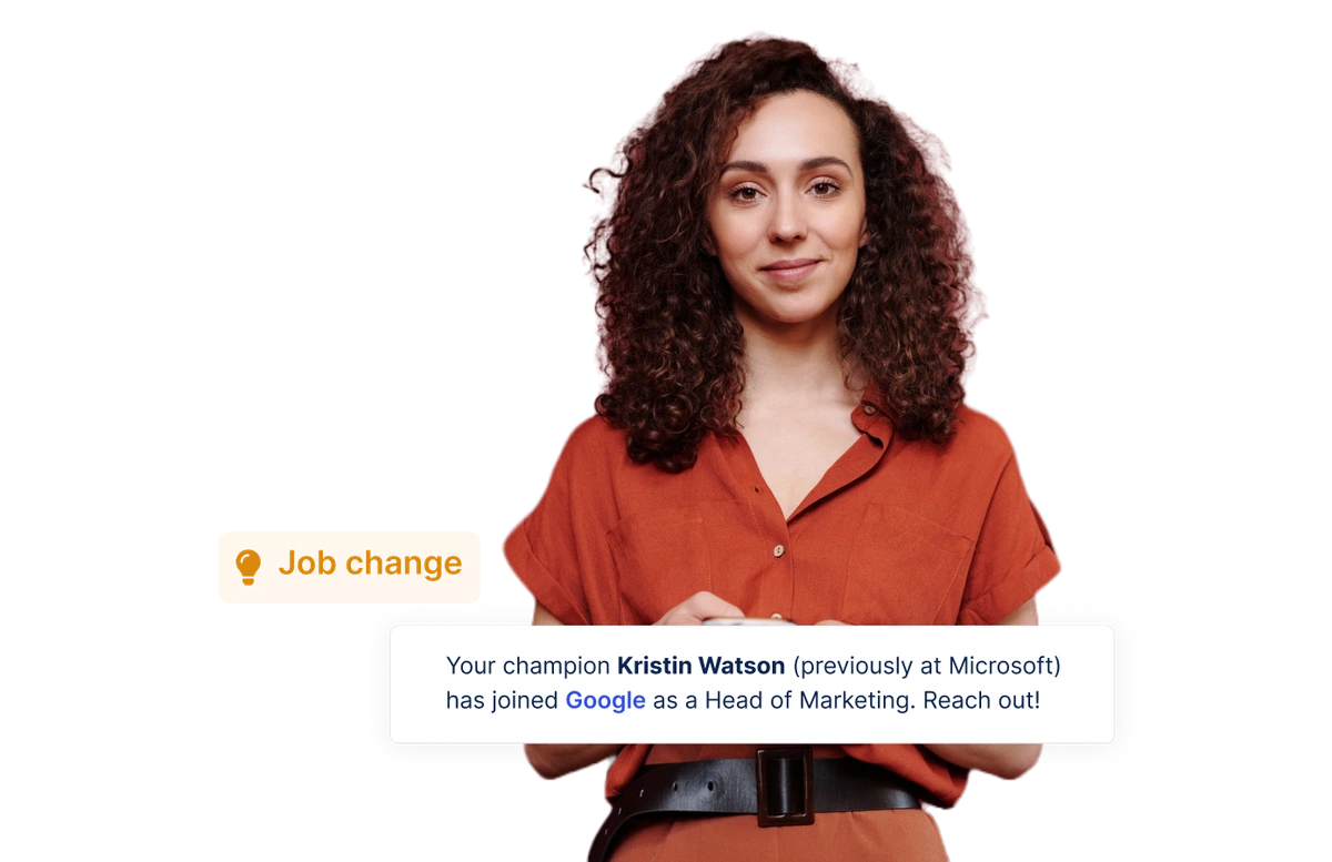 Amplemarket feature showing a job change notification for Kristin Watson with an engaging visual style.