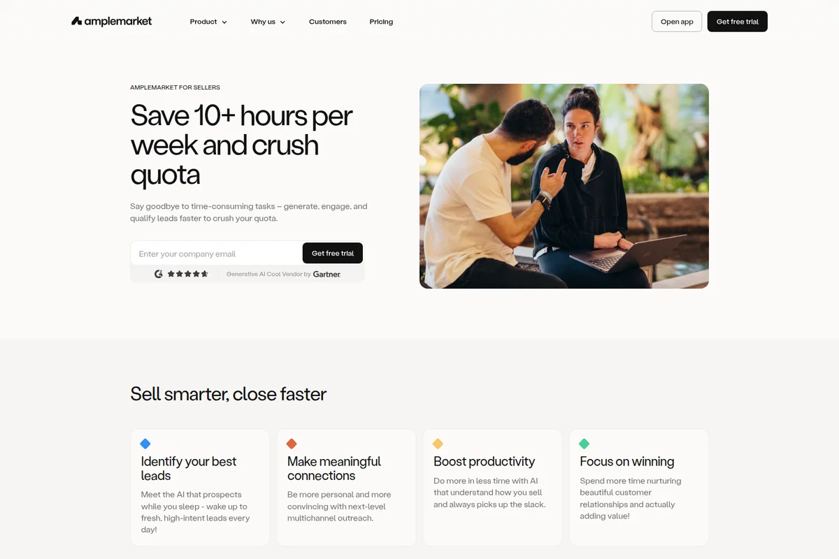 Amplemarket for Sellers landing page displaying the value proposition 'Save 10+ hours per week and crush quota', with a modern, clean interface.