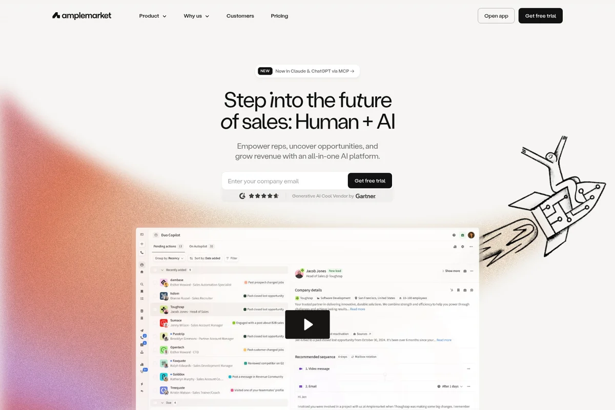 Amplemarket homepage showing the 'Dao Copilot' workspace with AI-powered lead management and recommended sales sequences in a modern interface.
