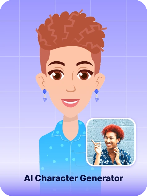 AI Character Generator output showing a vibrant cartoon avatar with red curly hair, generated from a real photo reference.