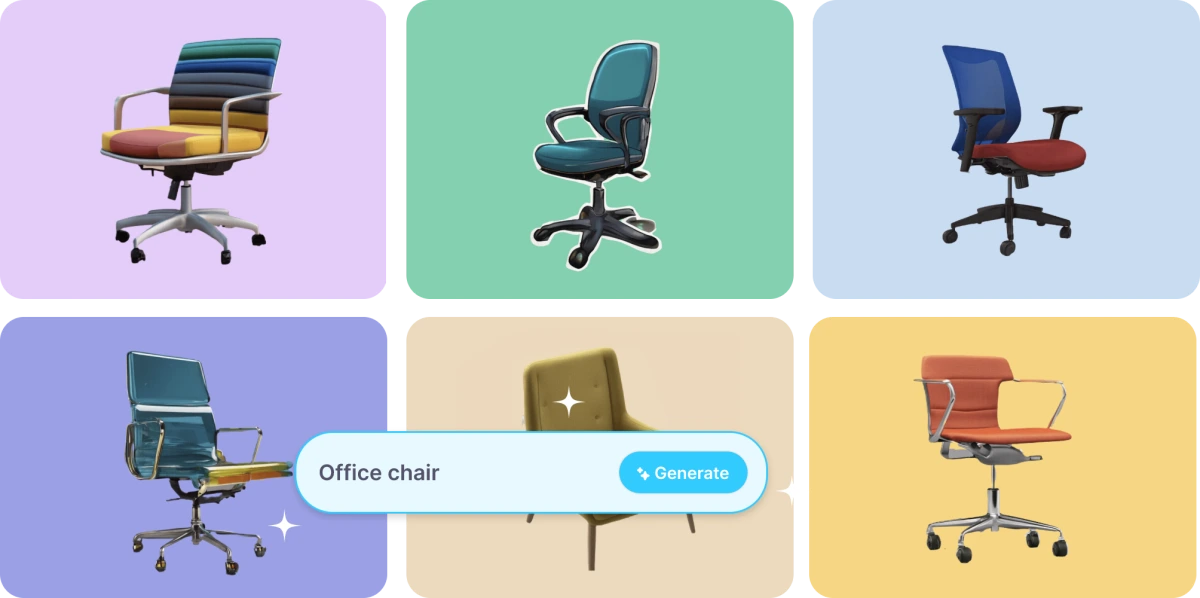 Animaker AI asset generation feature showing various generated office chairs from a text prompt 'Office chair' on colorful backgrounds.