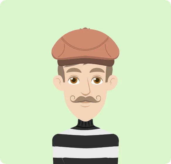 Animaker output sample showing a cartoon-style male character with a mustache and cap.