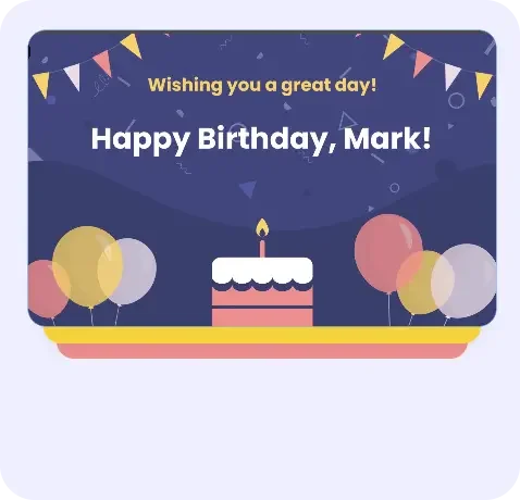 Animaker output sample showing a personalized happy birthday greeting card graphic with balloons, cake, and confetti in a vibrant, flat design style.