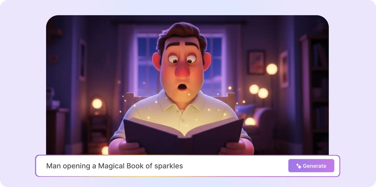 Animaker AI video generation workspace showing an animated man opening a magical book of sparkles with a clean, light prompt interface.