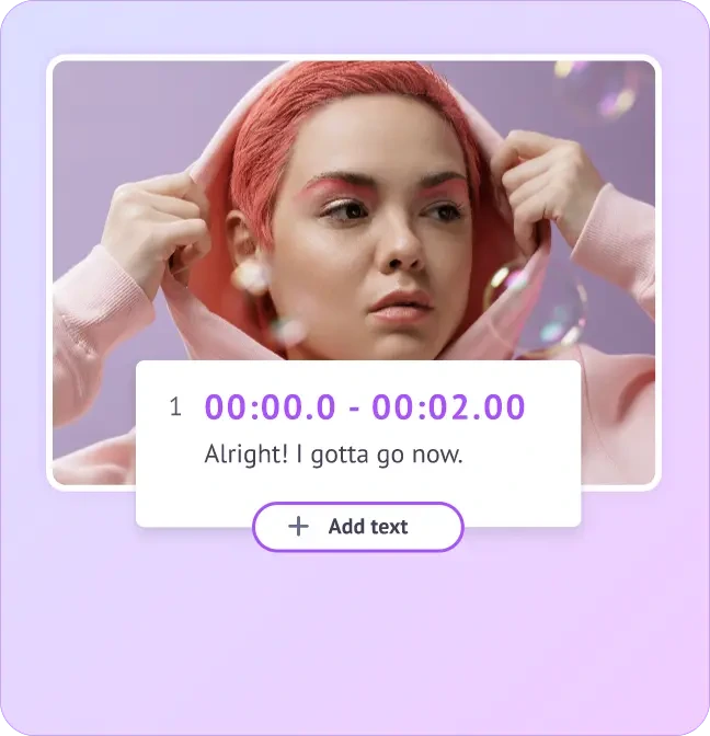 Animaker video editor workspace showing timed subtitle input with a clean, purple-themed interface.