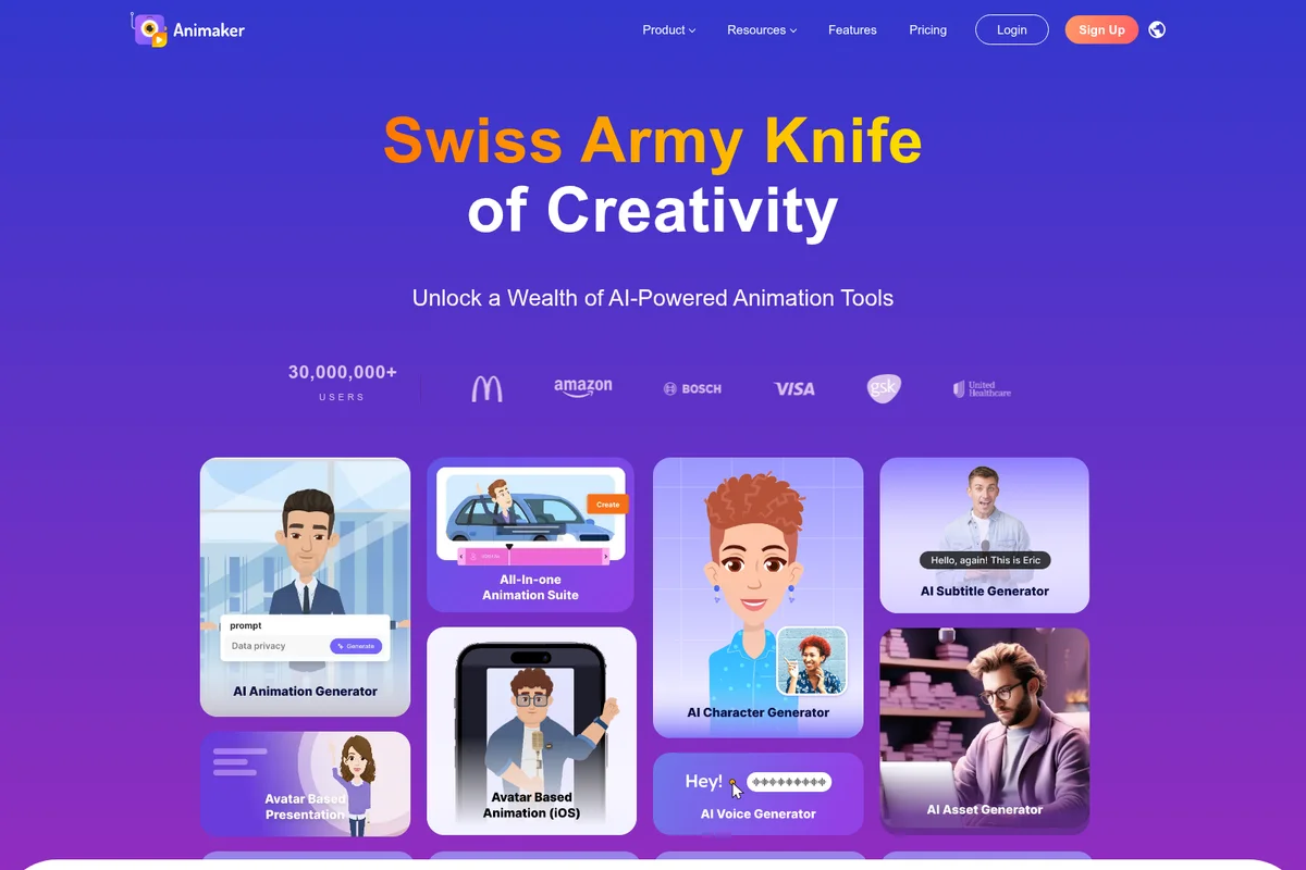 Animaker features page displaying a grid of AI animation tools, including character, voice, and asset generators, presented with a modern gradient interface.