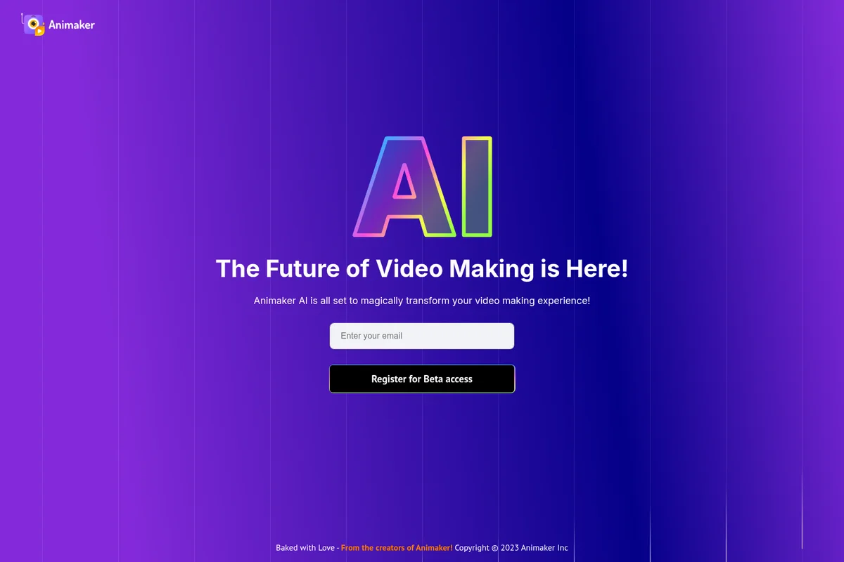 Animaker AI landing page announcing 'The Future of Video Making is Here!' with a large AI graphic and beta registration form on a vibrant gradient background.