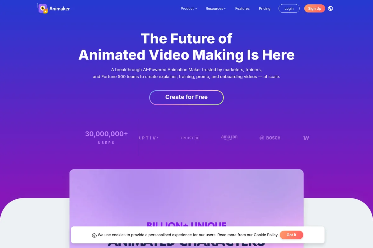 Animaker homepage hero section introducing the AI-powered animated video maker with a purple gradient background.