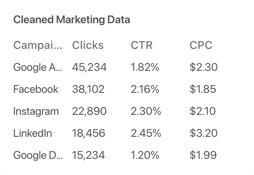 anomaly-ai workspace showing cleaned marketing data with campaign clicks, CTR, and CPC metrics in a clean table.