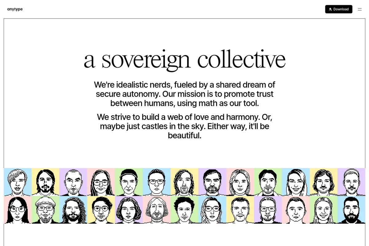 Anytype about page showcasing the team's mission and pixel-art inspired portraits in a minimalist design.