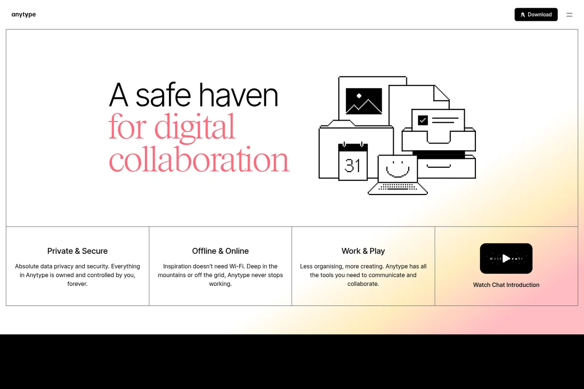 Anytype homepage marketing visual showing a minimalist illustration of digital collaboration tools with clean typography and a light theme.