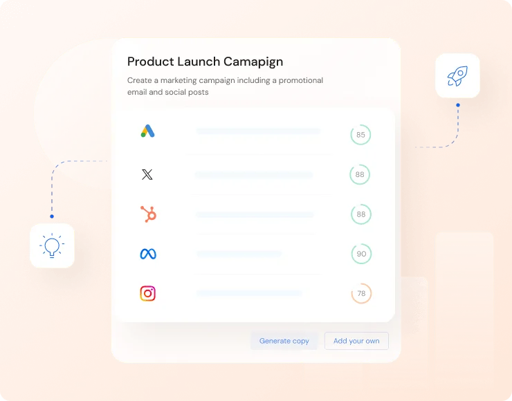 Anyword Product Launch Campaign feature showing content generation across Google Ads, X, HubSpot, Meta, and Instagram platforms with predicted performance scores, presented in a clean, modern interface.