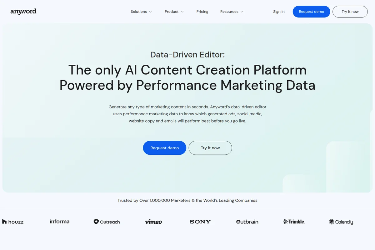 Anyword landing page featuring its data-driven AI content creation platform with a clean light-themed interface.
