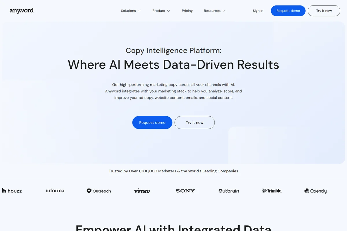 Anyword landing page hero section describing its AI copy intelligence platform with a clean blue and white interface.